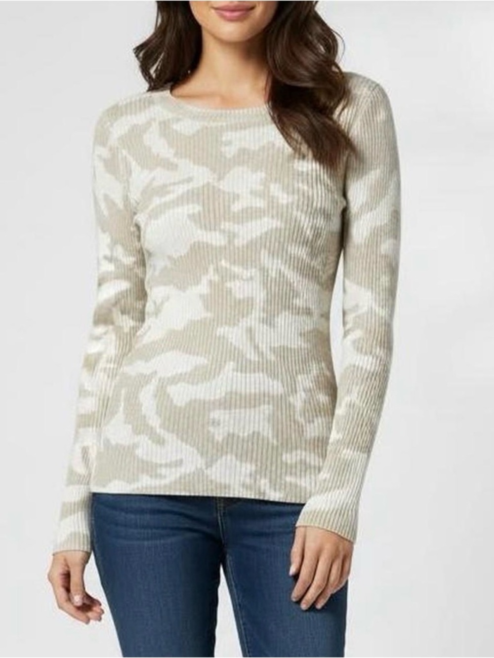 Saks Fifth Avenue Beige & Cream Camo Ribbed Crewneck Sweater Women’s Size XS